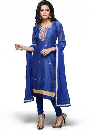 Embroidered Chanderi Cotton Straight Cut Suit In Blue