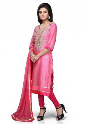 Embroidered Straight Cut Suit In Pink