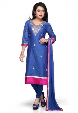 Embroidered Chanderi Straight Cut Suit In Blue