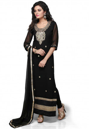 Embroidered Straight Cut Suit In Black