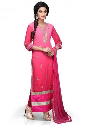 Embroidered Straight Cut Suit In Shaded Pink
