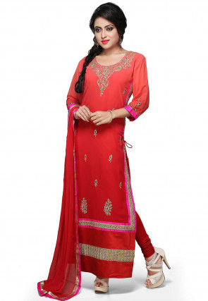 Embroidered Straight Cut Suit In Shaded Red