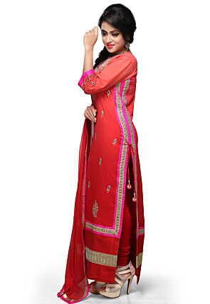 Embroidered Straight Cut Suit In Shaded Red