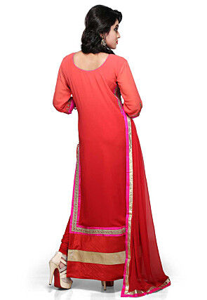 Embroidered Straight Cut Suit In Shaded Red
