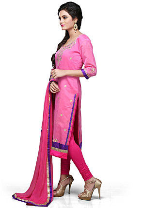 Embroidered Straight Cut Suit In Pink