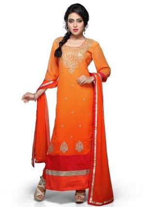 Embroidered Straight Cut Suit In Shaded Orange