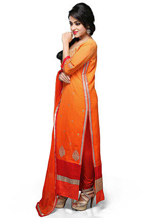 Embroidered Straight Cut Suit In Shaded Orange