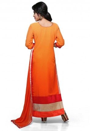 Embroidered Straight Cut Suit In Shaded Orange