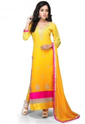 Embroidered Straight Cut Georgette Suit In Yellow