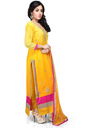Embroidered Straight Cut Georgette Suit In Yellow