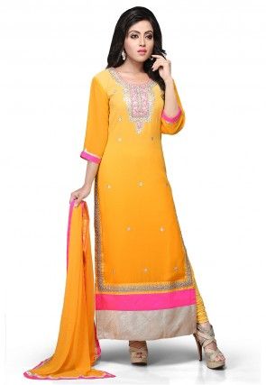 Embroidered Straight Cut Georgette Suit In Mustard