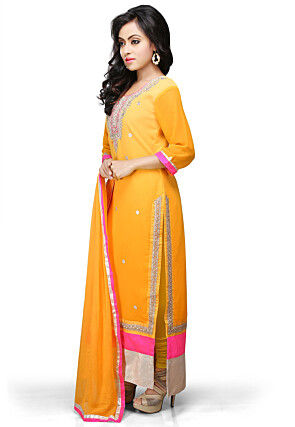 Embroidered Straight Cut Georgette Suit In Mustard