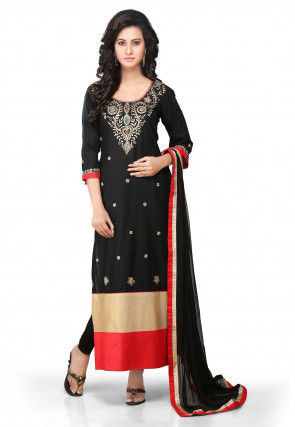 Embroidered Cotton Straight Cut Suit in Black