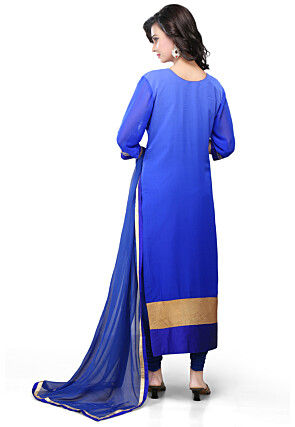 Embroidered Straight Cut Suit in Shaded Blue