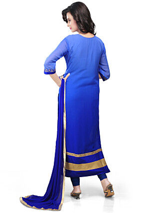 Embroidered Straight Cut Suit in Shaded Blue