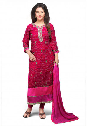 Embroidered Lehariya Georgette Straight Cut Suit in Fuchsia