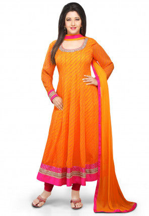 Printed Anarkali Georgette Suit in Orange