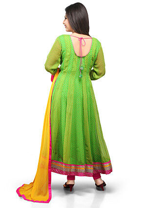 Printed Anarkali Georgette Suit In Yellow And Green