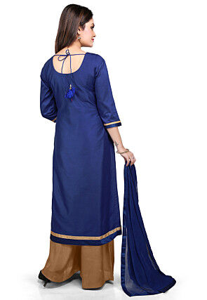 Embroidered Pakistani Cotton Silk Suit in Navy Blue
