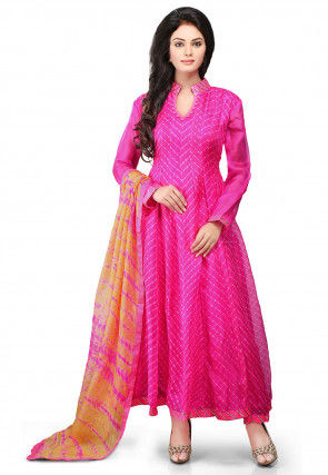 Printed Pure Kota Silk Abaya Style Suit in Fuchsia 