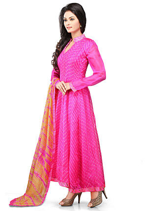 Printed Pure Kota Silk Abaya Style Suit in Fuchsia 