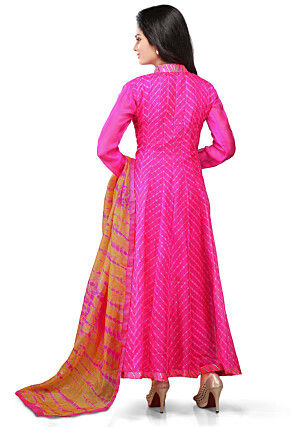 Printed Pure Kota Silk Abaya Style Suit in Fuchsia 