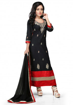 Embroidered Cotton Straight Cut Suit in Black 