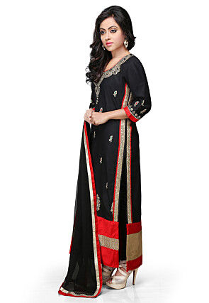 Embroidered Cotton Straight Cut Suit in Black 