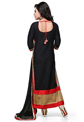 Embroidered Cotton Straight Cut Suit in Black 