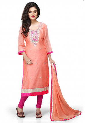 Embroidered Cotton Chanderi Straight Cut Suit in Peach 
