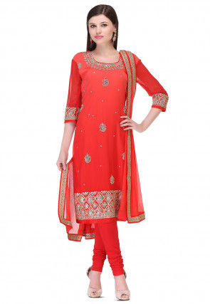 Embroidered Georgette Straight Suit in Ombre Red 