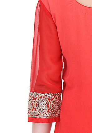 Embroidered Georgette Straight Suit in Ombre Red 