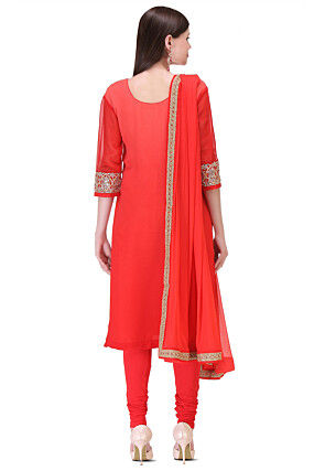 Embroidered Georgette Straight Suit in Ombre Red 
