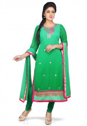 Embroidered Georgette Straight Cut Suit in Green