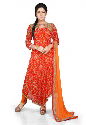 Printed Georgette Asymmetric Anarkali Suit in Orange