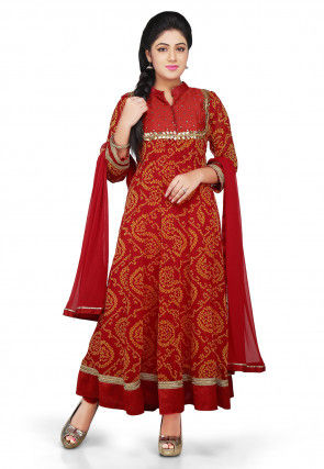 Printed Georgette Abaya Style Suit in Red
