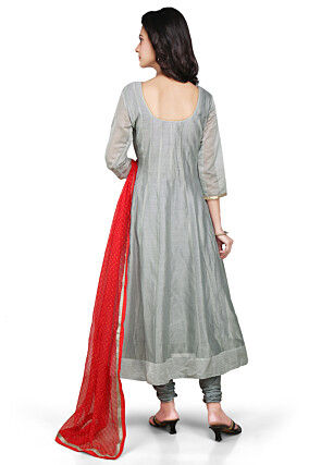 Plain Chanderi Silk Anarkali Suit in Grey