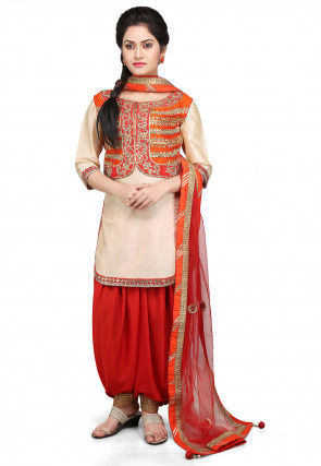 Embroidered Cotton Silk Jacket Style Punjabi Suit in Beige