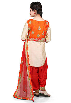 Embroidered Cotton Silk Jacket Style Punjabi Suit in Beige