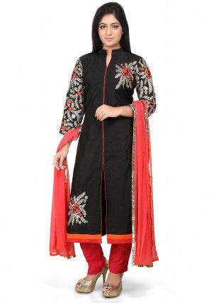 Embroidered Cotton Silk Front Slit Pakistani Suit in Black