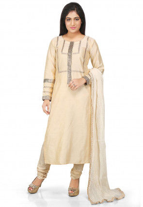 Embroidered Cotton Silk Straight Cut Suit in Beige