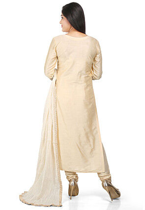 Embroidered Cotton Silk Straight Cut Suit in Beige