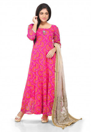 Printed Georgette Abaya Style Suit in Fuchsia