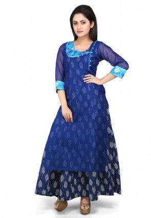 Block Printed Double Layered Abaya Cotton Chanderi Suit in Blue