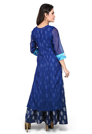 Block Printed Double Layered Abaya Cotton Chanderi Suit in Blue