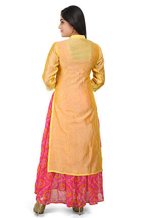 Embroidered Cotton Chanderi Abaya Suit in Yellow and Fuchsia