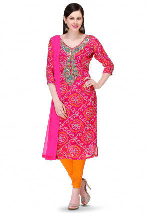 Embroidered Bandhej Pure Chinon Crepe Straight Cut Suit in Fuchsia