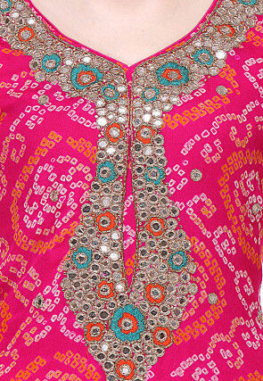 Embroidered Bandhej Pure Chinon Crepe Straight Cut Suit in Fuchsia