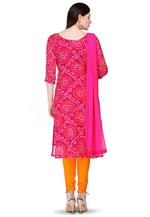 Embroidered Bandhej Pure Chinon Crepe Straight Cut Suit in Fuchsia