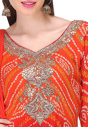 Embroidered Bandhej Pure Chinon Crepe Straight Cut Suit in Red